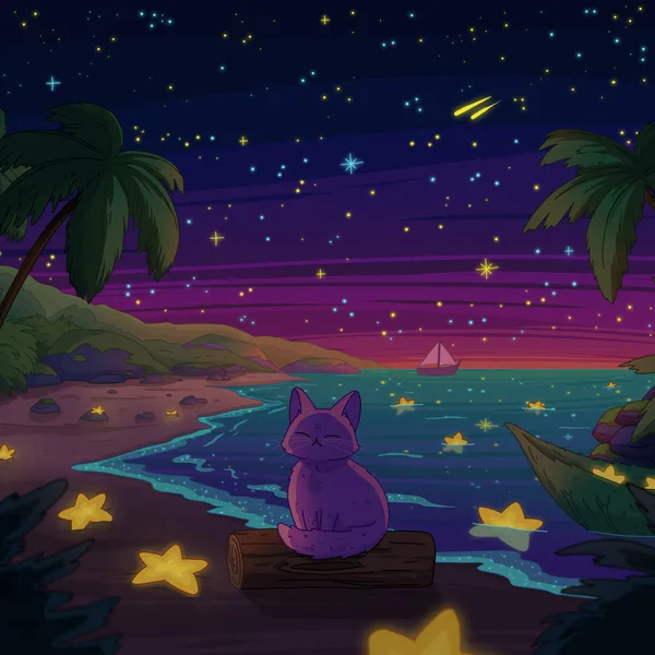 A purple cat on a driftwood log on a tropical beach at night, glowing starfish on the sand, palm fronds and a distant sailboat under a magenta sky